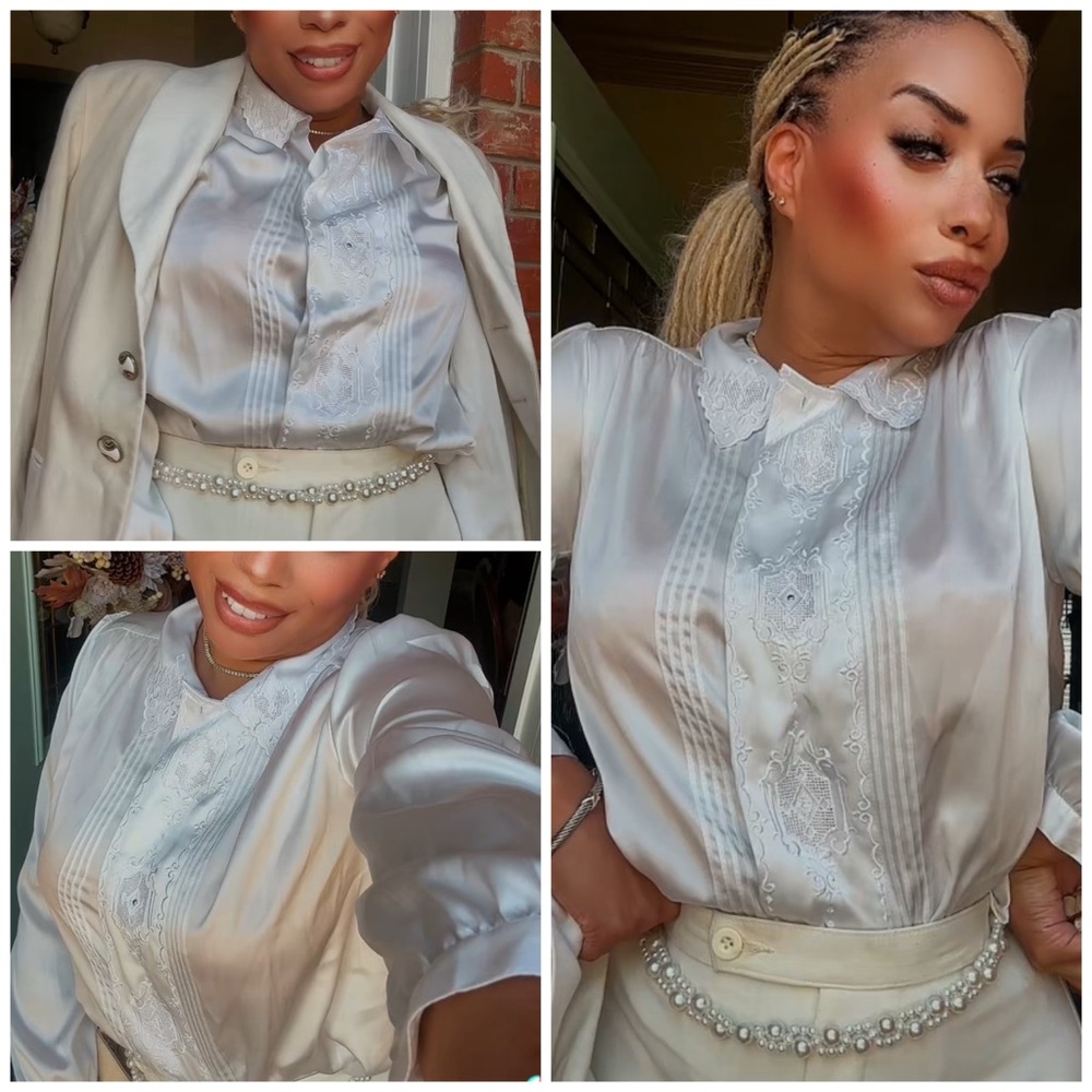 Elegant White Satin Blouse- Vault